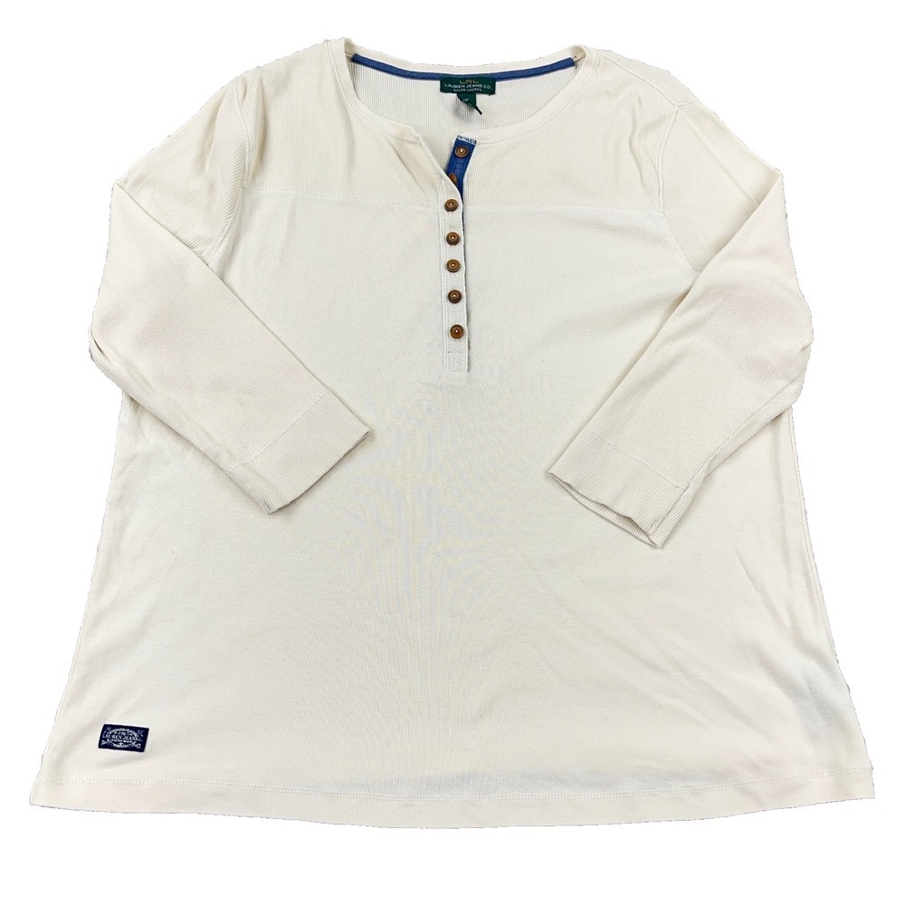Lauren Ralph Lauren Shirt Women 1X Cream White Henley‎ 3/4 Sleeve LRL Thermal